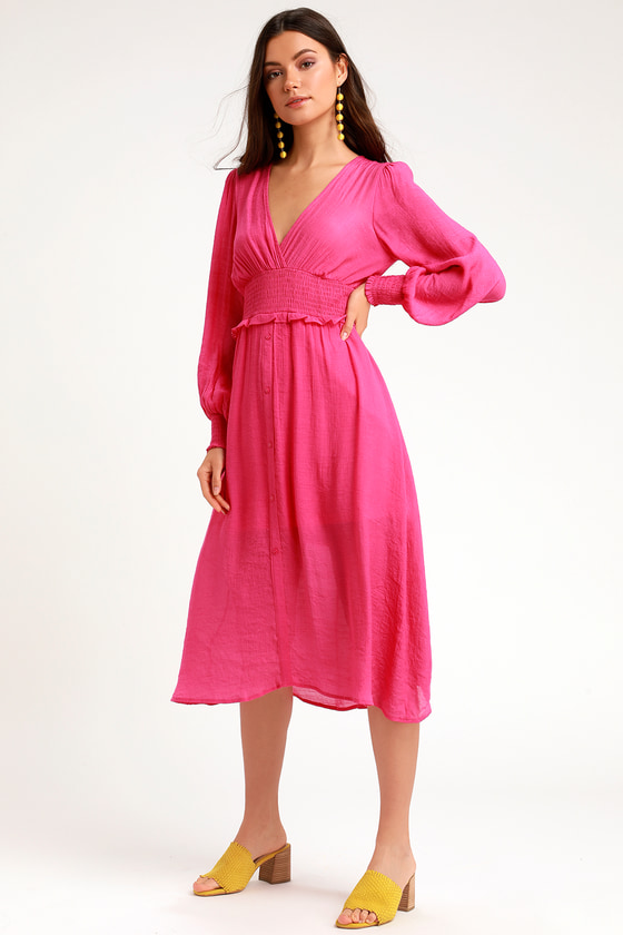 Bright Pink Dress - Midi Dress - Casual ...